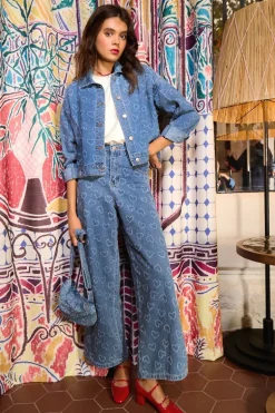 Pantalon large à motif c艙ur