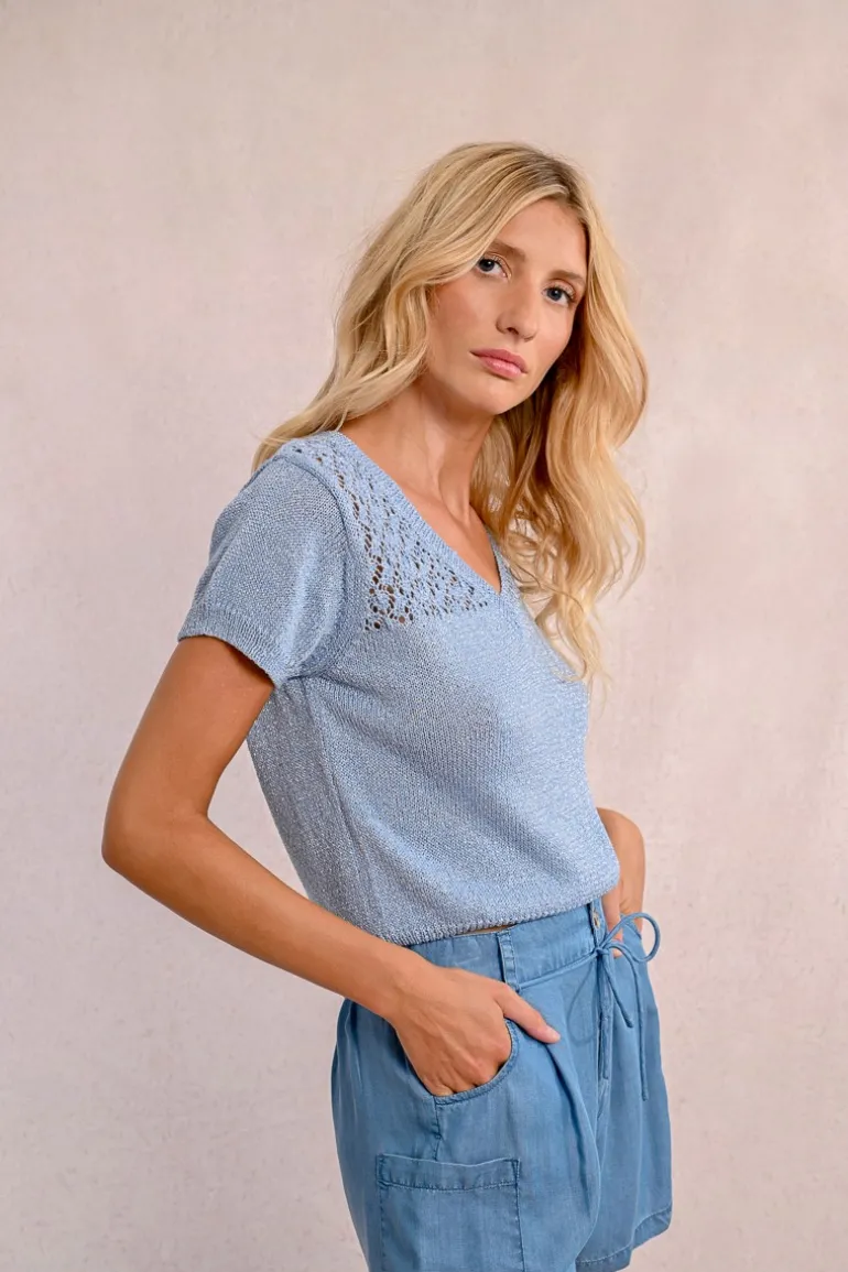 Pull en maille col V, manches courtes