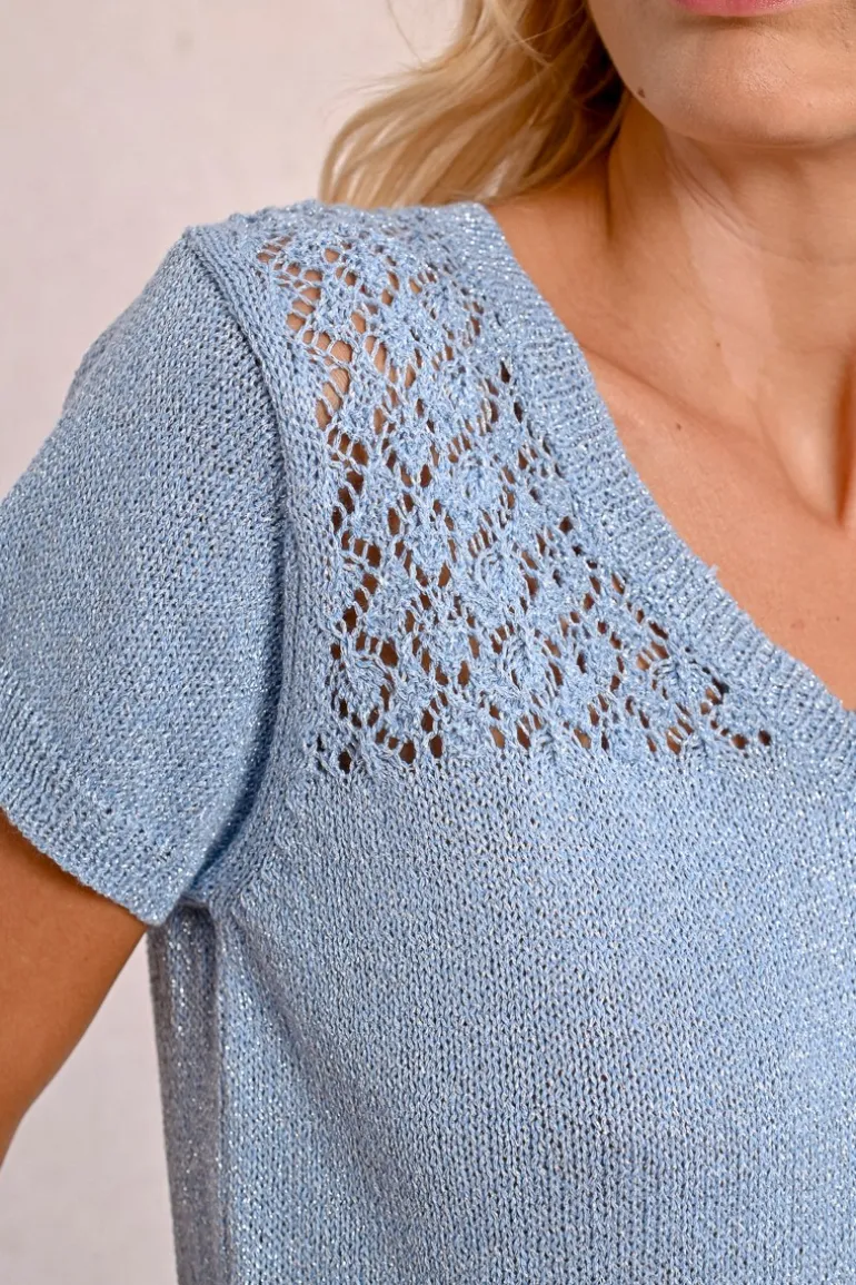 Pull en maille col V, manches courtes
