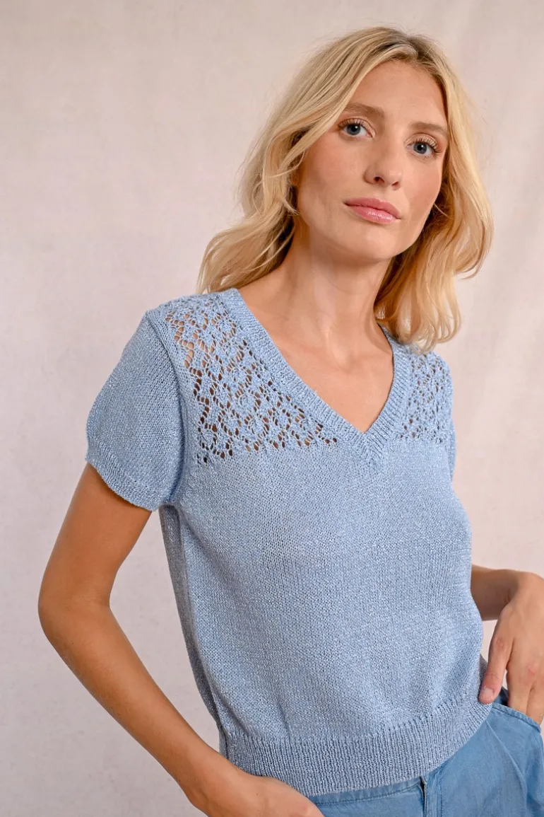 Pull en maille col V, manches courtes