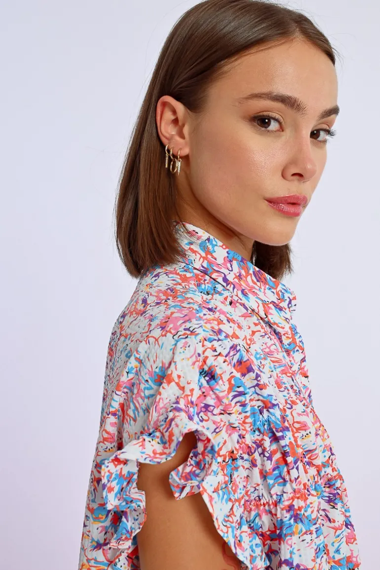 Robe chemise imprimée et froncée