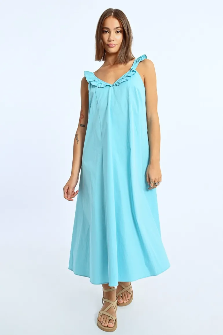 Robe longue, col à volants