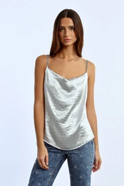 Top à bretelles à strass, effet satiné